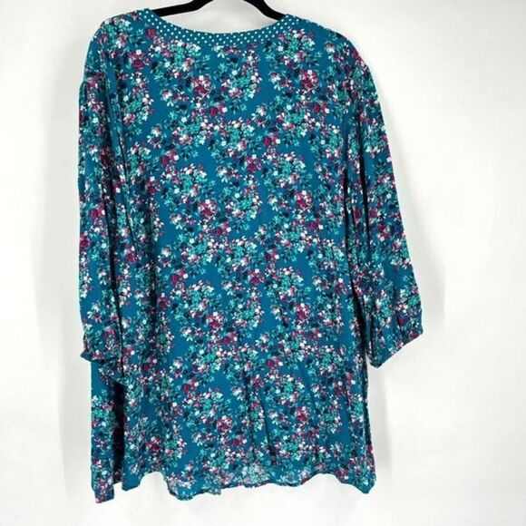 Woman Within Women's Floral Polka Dot V-Neck 3/4 Sleeve Blouse Top Blue Size 2X - Picture 2 of 9